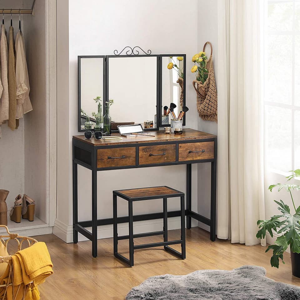 SEM223 - Set Masa toaleta, 90 cm, cosmetica machiaj cu oglinda tripla, masuta vanity - Maro stil industrial — reducere 35% de la 1.727,55 lei la 1.114,88 lei