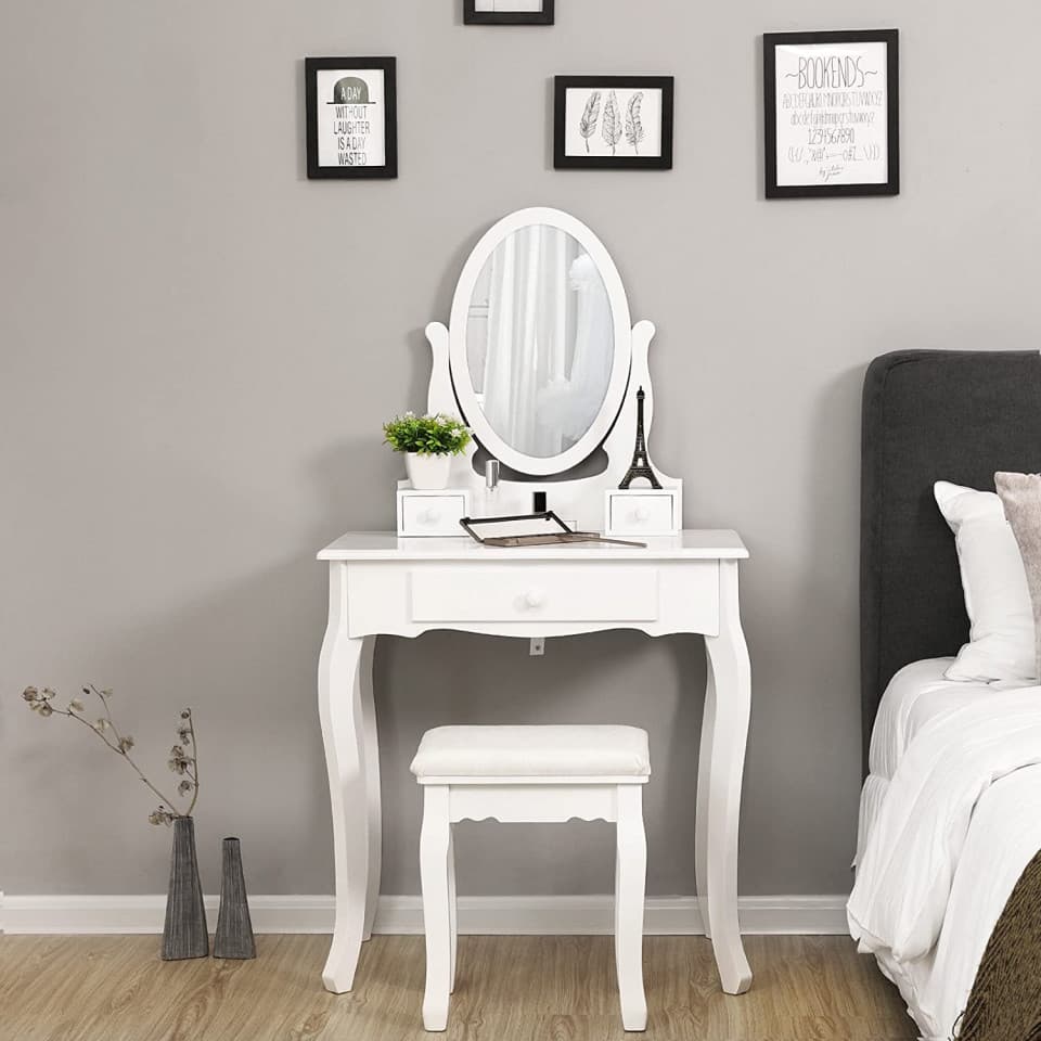 SEA290 - Set Masa toaleta, 70 cm, cosmetica machiaj, oglinda , masuta vanity, comoda make-up, scaun tapitat - Alb — reducere 27% de la 1.524,19 lei la 1.114,88 lei