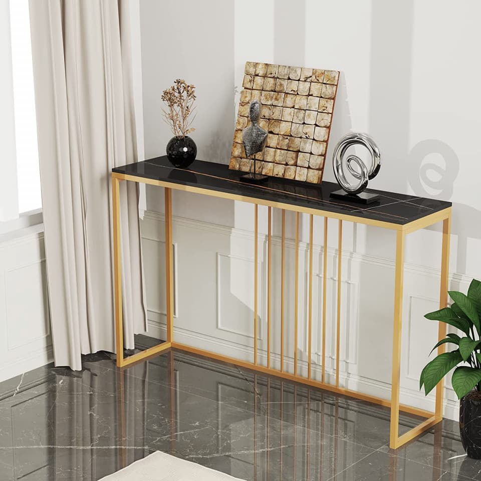 MAU7 - Masa Consola 120x30x78 cm, masuta hol, living, dormitor - Auriu-Negru — reducere 34% de la 1.749 lei la 1.156,2 lei