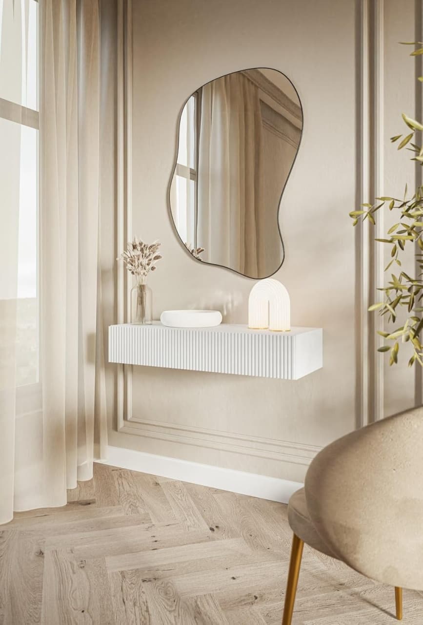 MAA42 - Masuta Consola suspendata Alba, 90 / 110 cm, masa de toaleta cu 1 / 2 sertar(e), cosmetica machiaj, vanity — reducere 22% de la 1.699 lei la 1.321,49 lei
