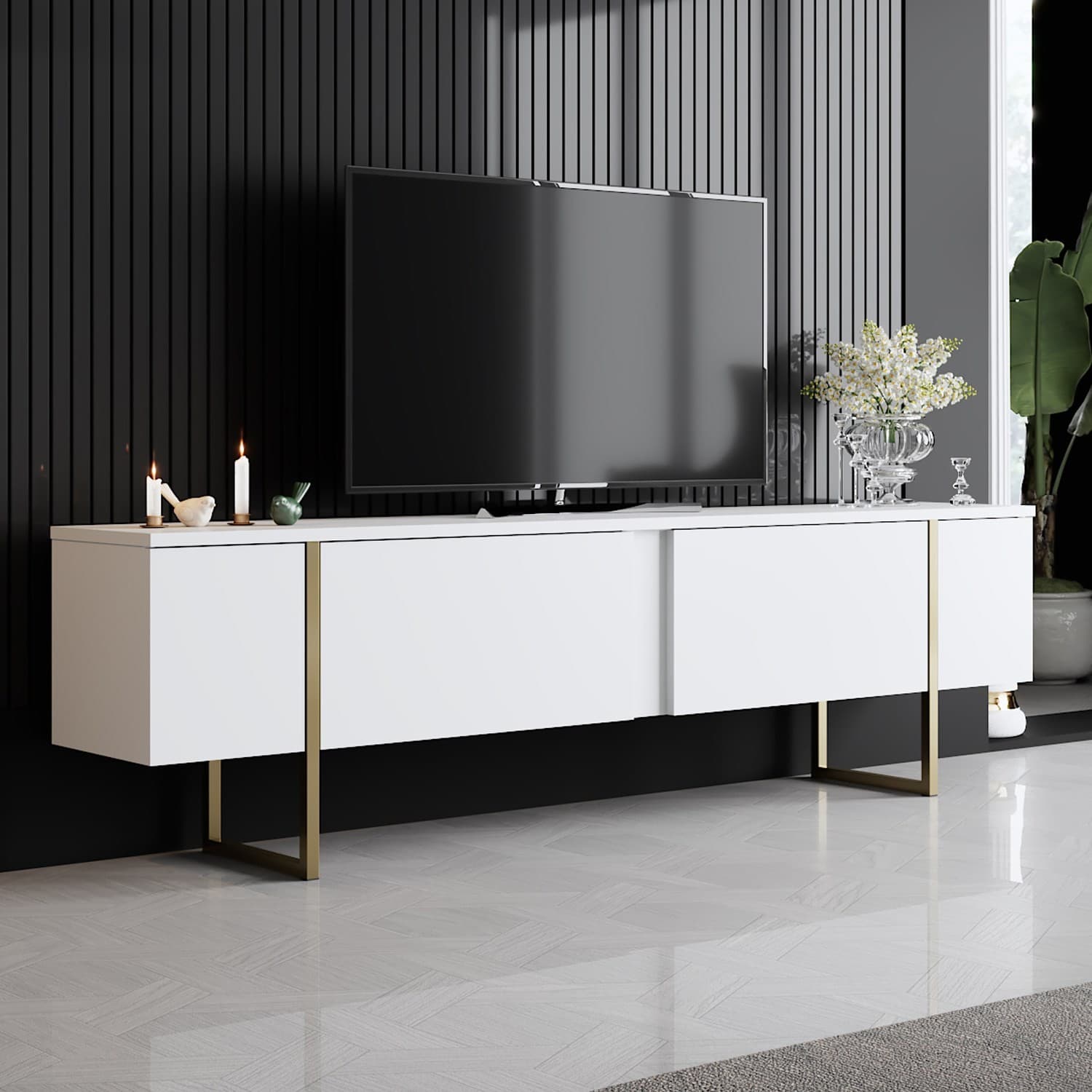 Comoda TV 180 X 30 X 50 Luxe - alb si auriu — reducere 30% de la 994,13 lei la 695,89 lei