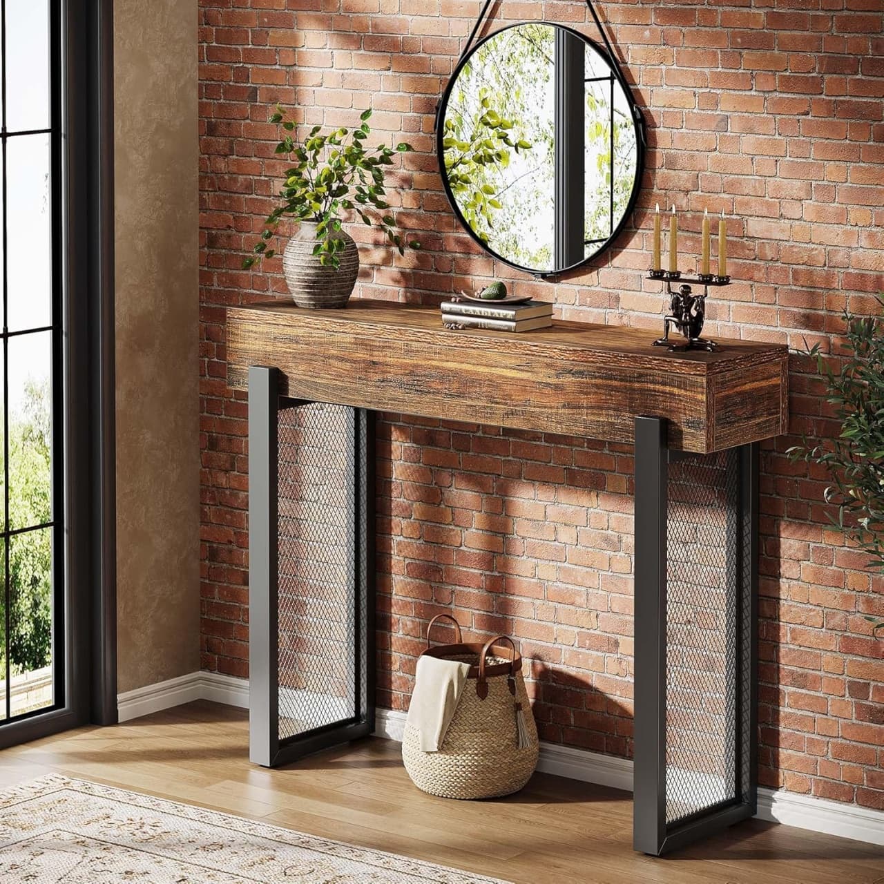 MACI33 - Masa Consola, 105 cm, masuta hol, cu spatiu de depozitare, living, dormitor - Negru - Maro — reducere 20% de la 1.649 lei la 1.321,49 lei