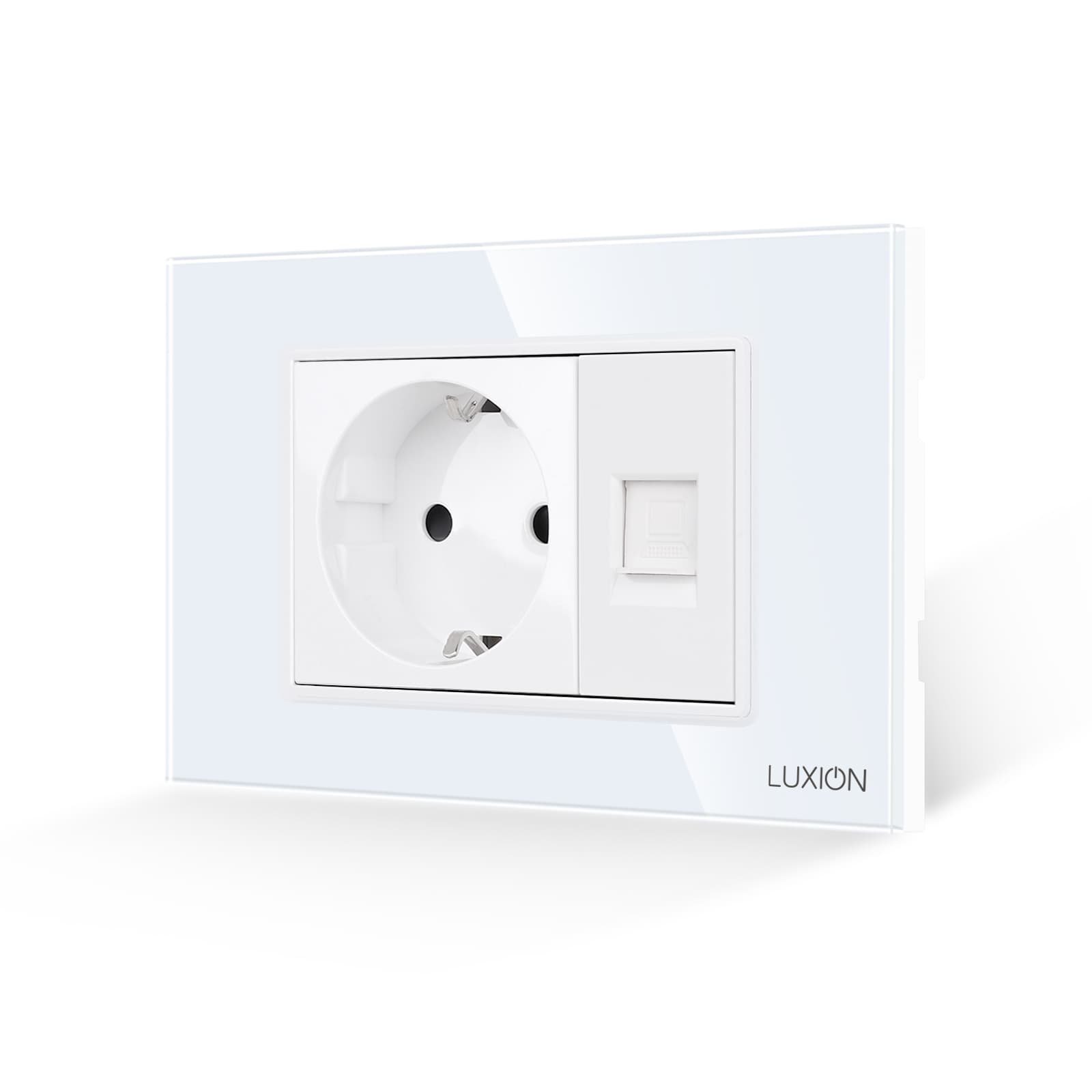Priza Schuko + Priza Internet cu Rama din Sticla LUXION, Standard Italian, 3M — reducere 23% de la 68 lei la 52,1 lei
