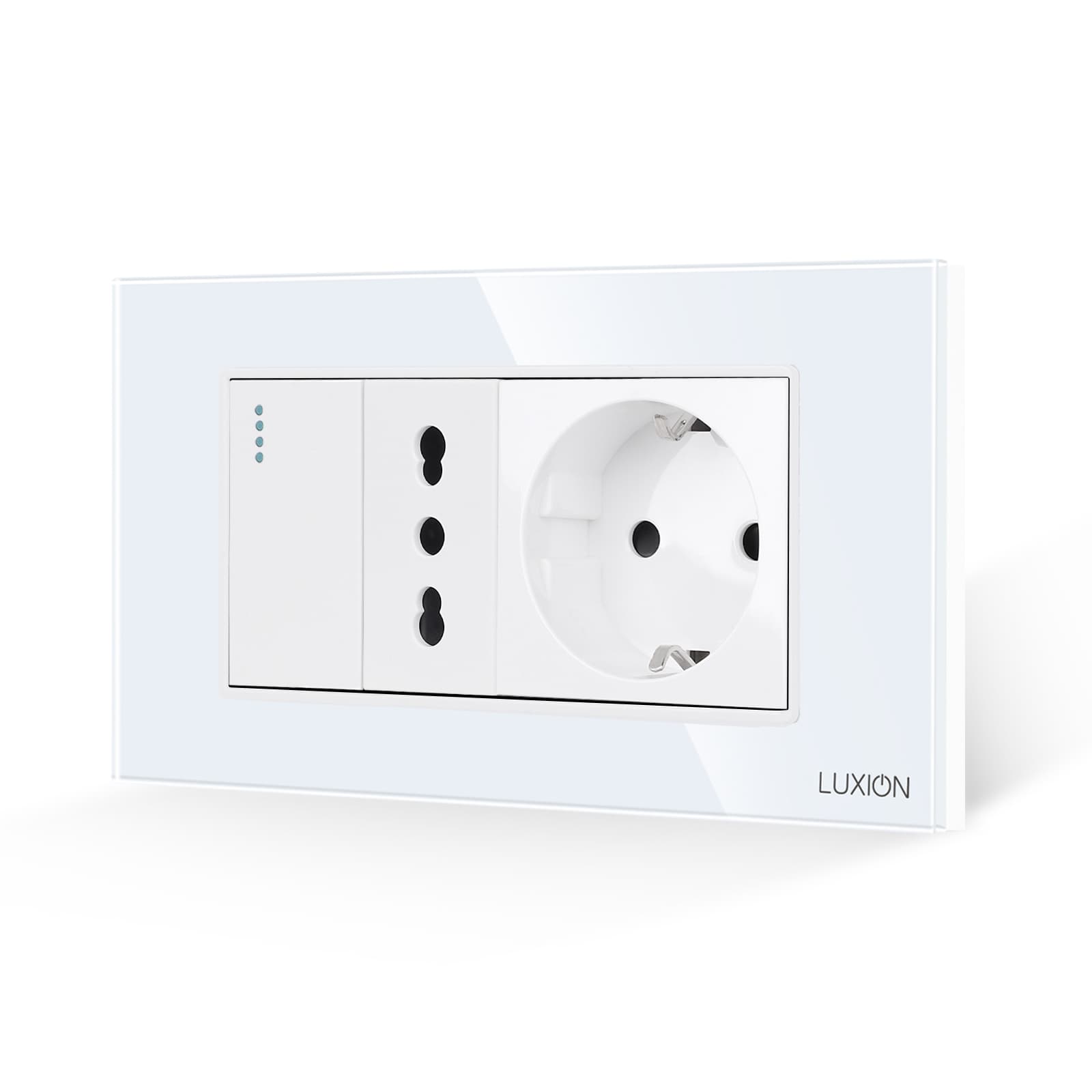 Intrerupator Simplu + Priza Ingusta + Priza Schuko cu Rama din Sticla LUXION, Standard Italian, 4M — reducere 24% de la 74 lei la 56,3 lei