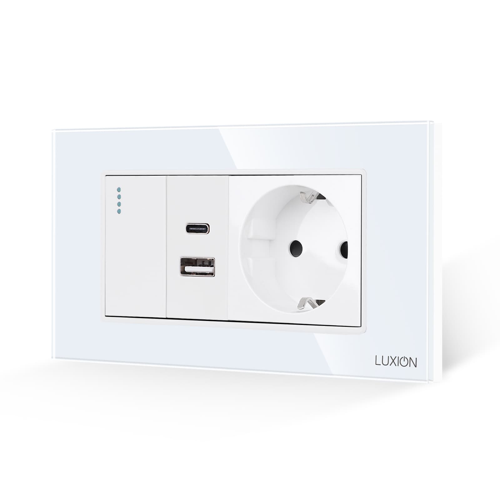 Intrerupator Simplu + Priza USB A+C + Priza Schuko cu Rama din Sticla LUXION, Standard Italian, 4M — reducere 25% de la 115 lei la 86,55 lei
