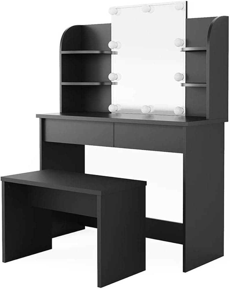 SEN221 - Set Masa neagra toaleta, 108 cm, cosmetica machiaj oglinda masuta vanity, oglinda cu sau fara LED, cu sau fara scaun — reducere 35% de la 1.524,19 lei la 990,91 lei