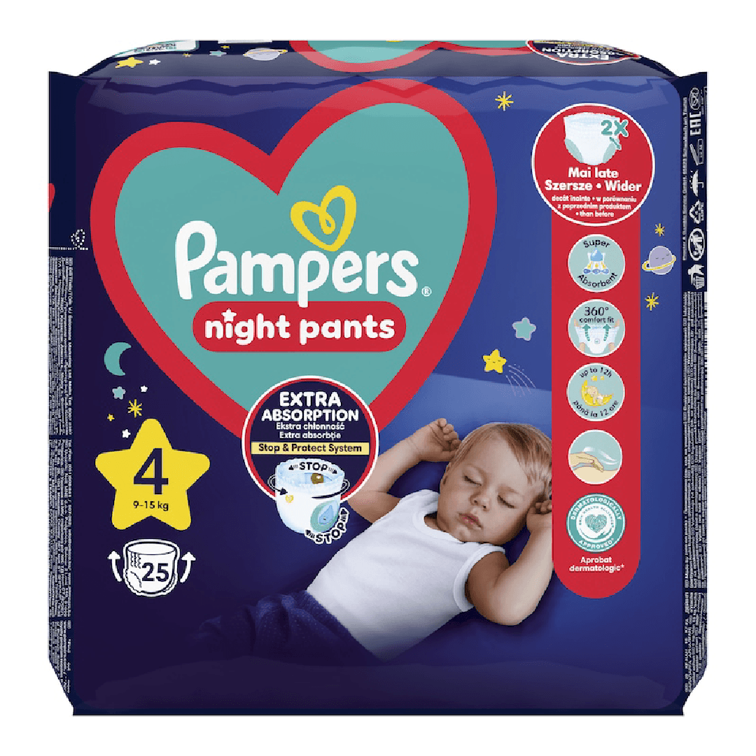 Scutece chilotel de noapte Night Pants, Marimea 4, 9-15 kg, 25 bucati, Pampers — reducere 20% de la 53,7 lei la 42,96 lei