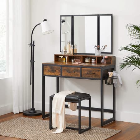 SEM222 - Set Masa toaleta, 90 cm, cosmetica machiaj cu oglinda tripla, masuta vanity - Maro stil industrial — reducere 30% de la 1.829,24 lei la 1.280,17 lei