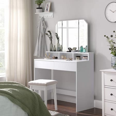 SEA340 - Set Masa alba toaleta moderna, 100 cm, cosmetica machiaj oglinda masuta vanity cu oglinda — reducere 22% de la 1.422,51 lei la 1.114,88 lei