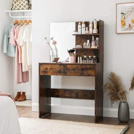 SEM224 - Set Masa toaleta, 80 cm, cosmetica machiaj cu oglinda, masuta vanity - Maro stil industrial — reducere 42% de la 1.625,87 lei la 949,59 lei