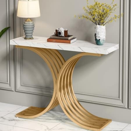MAU30 - Masa Consola, 100 cm, masuta hol, living, dormitor - Auriu - Alb Imitatie de Marmura — reducere 21% de la 1.727,55 lei la 1.362,81 lei