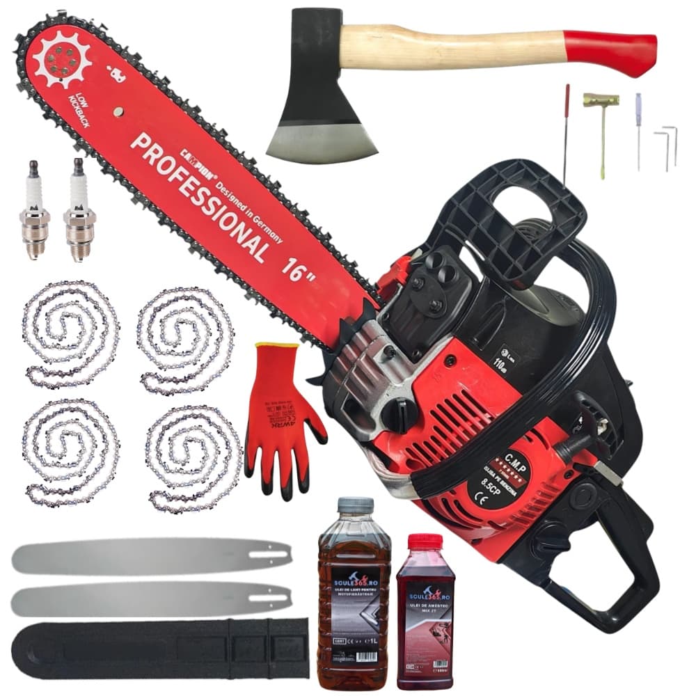 8.5CP *WOW* Drujba Benzina cu topor, 4 lanturi, 2 lame, 2 buji, ulei ungere, ulei amestec, manusi, accesoriile incluse, PACHET Campion PROFESSIONAL CMP1312R — reducere 33% de la 522 lei la 349 lei