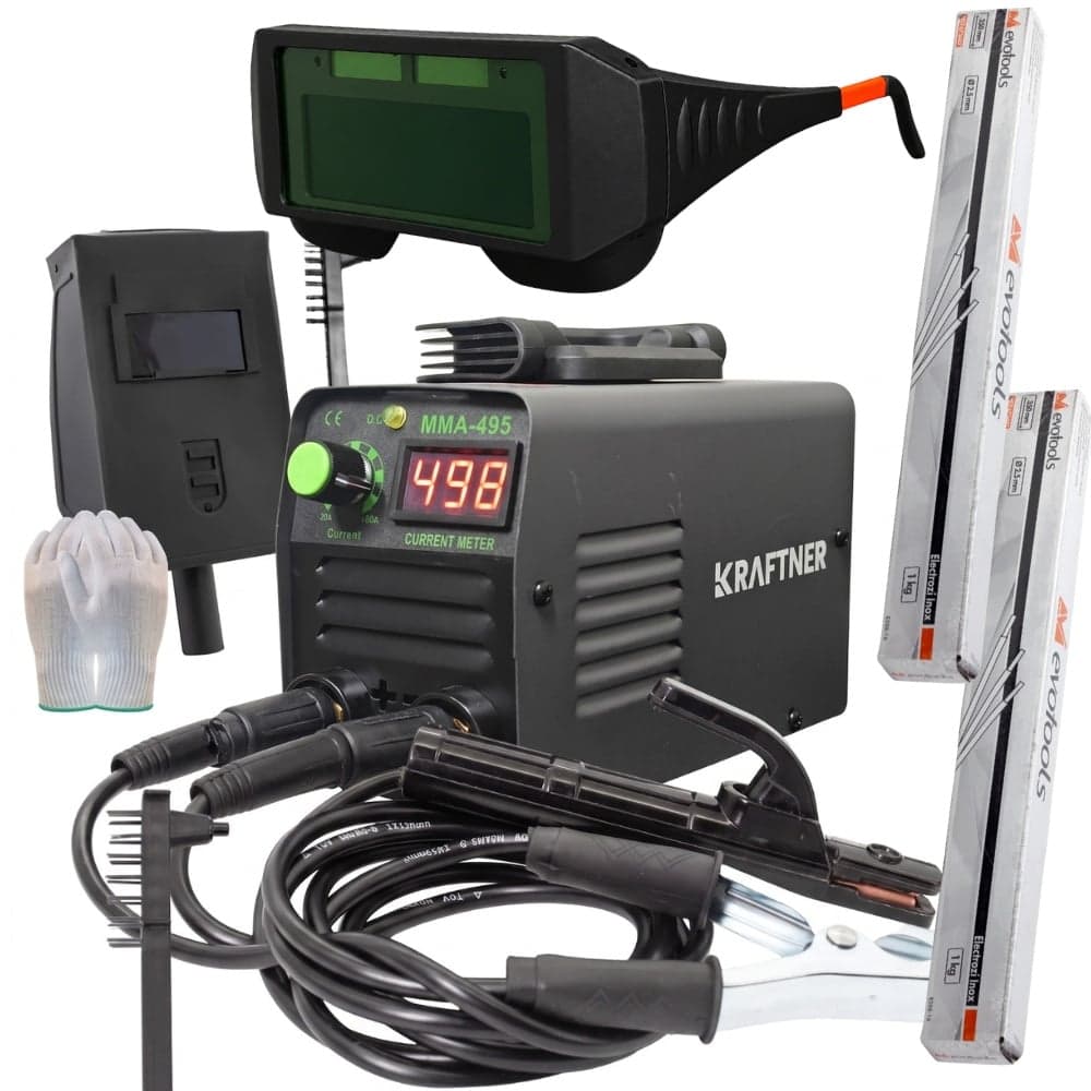 *PACHET* Aparat de sudura invertor MMA, KRAFTNER, 495a, afisaj digital, accesorii incluse, manusi bonus, cablu 1,8m, ochelari sudura automati, x2 pachet electrozi KF-2759 — reducere 31% de la 288 lei la 199,99 lei