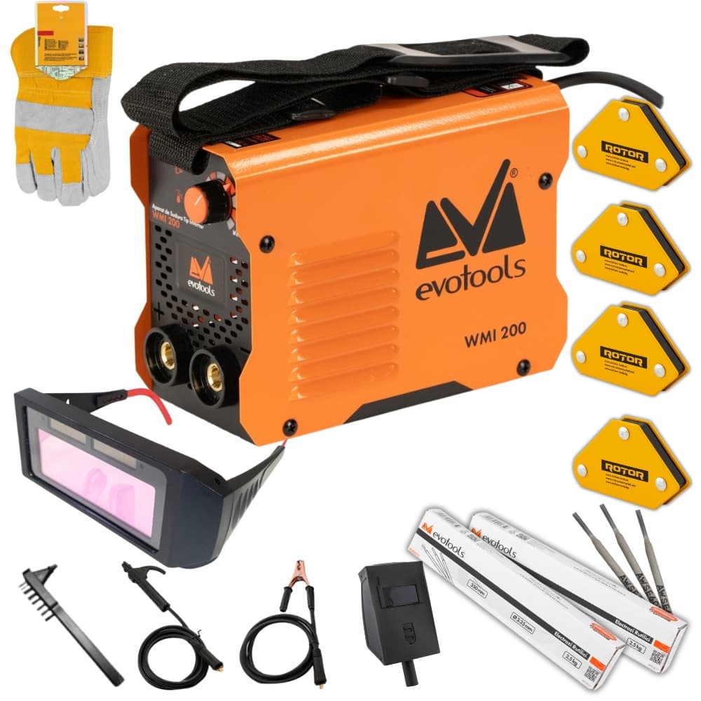 *PACHET* Aparat de Sudura Tip Invertor WMI 200, anti-stick, 2.8kg, 2.5-3.2mm, + x2 pachet electrozi + ochelari sudura automati, manusi palmare din piele, set 4 magneti — reducere 38% de la 399 lei la 249 lei