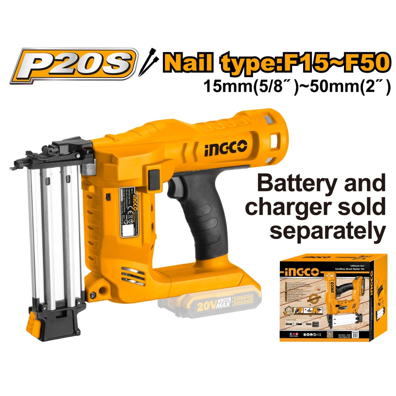 Pistol electric de Cuie 20V 2.5 cuie/s, 100buc capacitate, fara acumulator Ingco CBNLI2028 — reducere 12% de la 1.036,13 lei la 908,7 lei