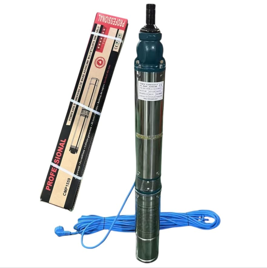 Pompa submersibila de adancime multietajata CAMPION® CMP1559, 8 turbine, 1500W, 230V, debit 6600 l/h, Hmax 58m, adancime max 30m, IP68, cablu 25m, inox, diametru 100mm, racord 1", apa curata — reducere 28% de la 499 lei la 359 lei