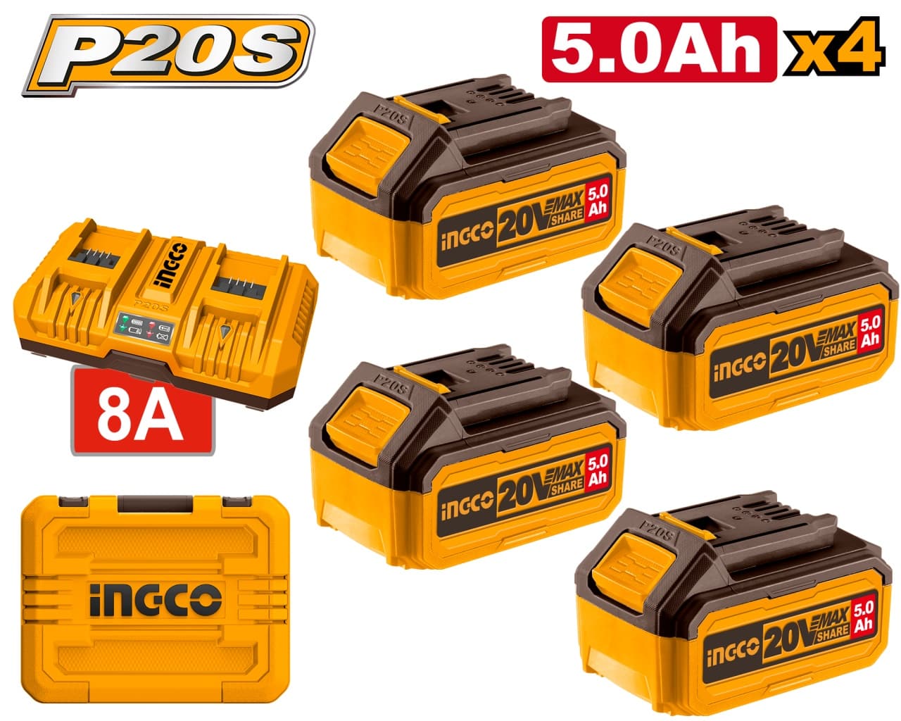 Set baterii 20V 5.0Ah (4 buc) cu incarcator dublu 4A+4A, pentru scule P20S, acumulator INGCO FBCLI20285 — reducere 13% de la 899 lei la 778,7 lei