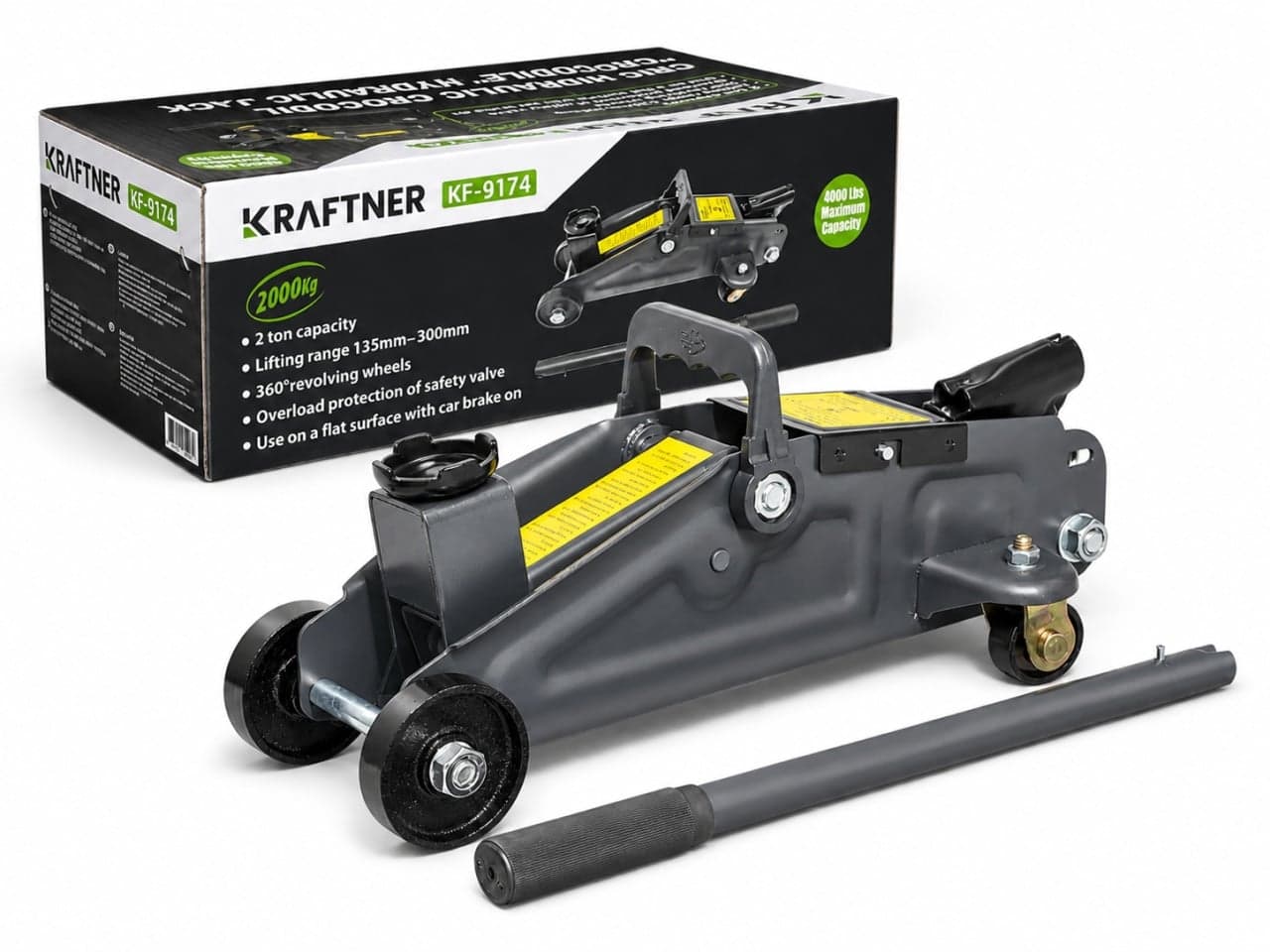 Cric hidraulic 2t tone, tip crocodil 135-300mm, roti transport viratoare KRAFTNER KF-4927 — reducere 49% de la 231 lei la 118 lei