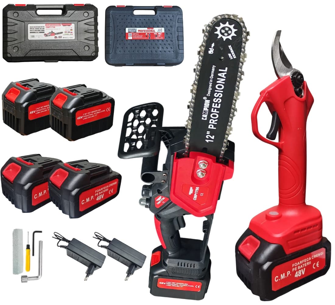 Set cu 4 acumulatori 48v, Mini Drujba electrica 300mm + Foarfeca gradina cu acumulator 27mm diametru Campion PROFESSIONAL — reducere 45% de la 721 lei la 399 lei
