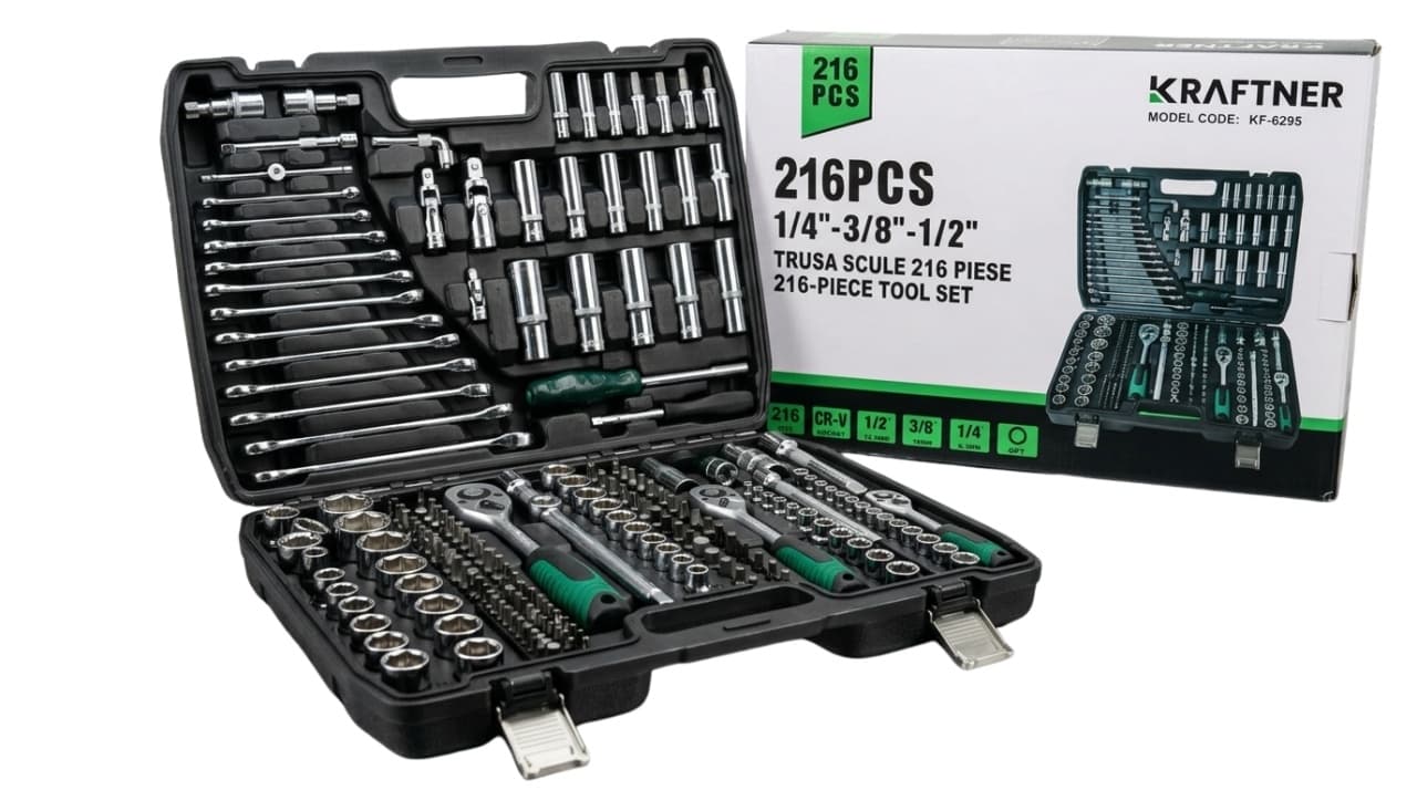 Trusa scule 216 piese KRAFTNER KF-6295, 3 chlichet - 1/2, 3/8, 1/4, crom vanadium — reducere 27% de la 389 lei la 285 lei