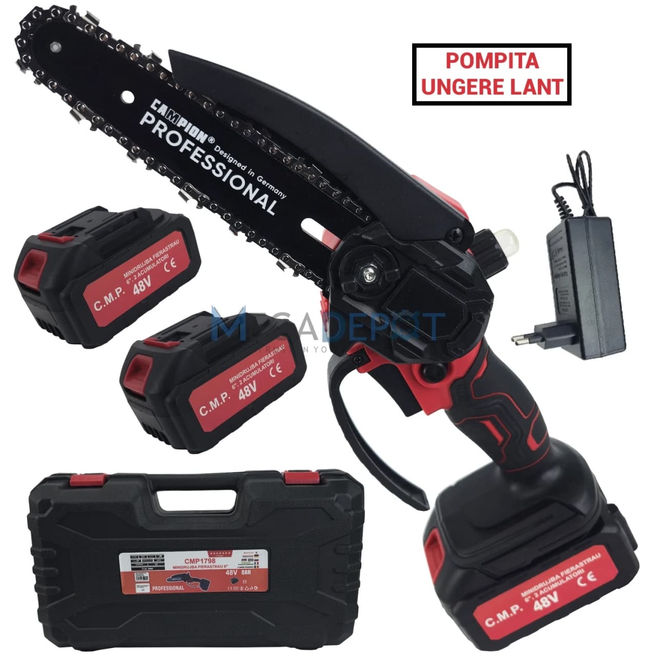 Mini Drujba electrica cu 2 acumulatori 48V, 180cm, ungere lant, valiza transport, Campion CMP1798 — reducere 55% de la 322 lei la 145 lei