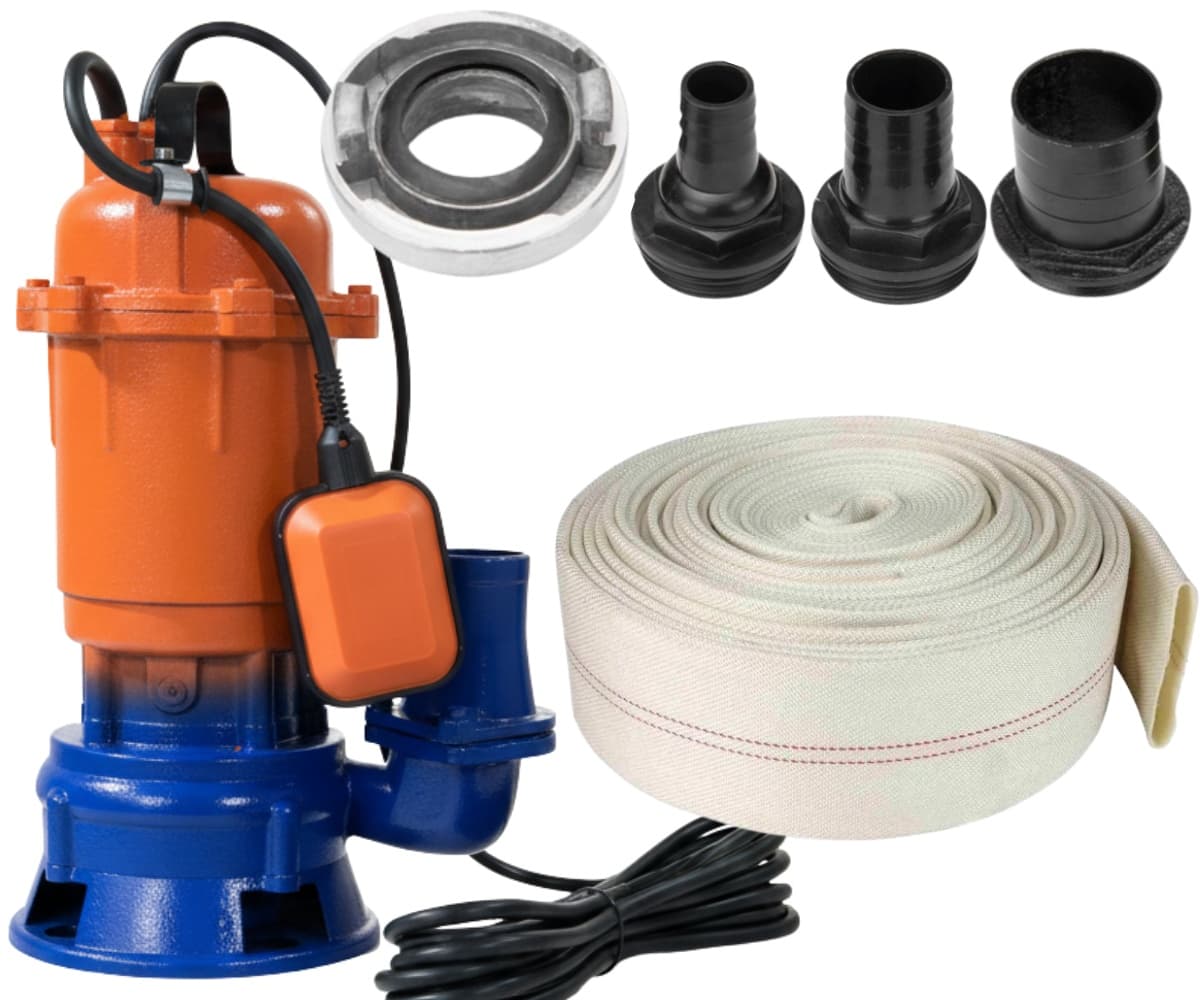 *PACHET* Pompa apa 3000W submersibila cu tocator, 25.000 l/h, 2900rpm, plutitor, racord 2'' toli, + 3 conectori apa si FURTUN POMPIERI 20M CMP1427 — reducere 37% de la 487 lei la 309 lei