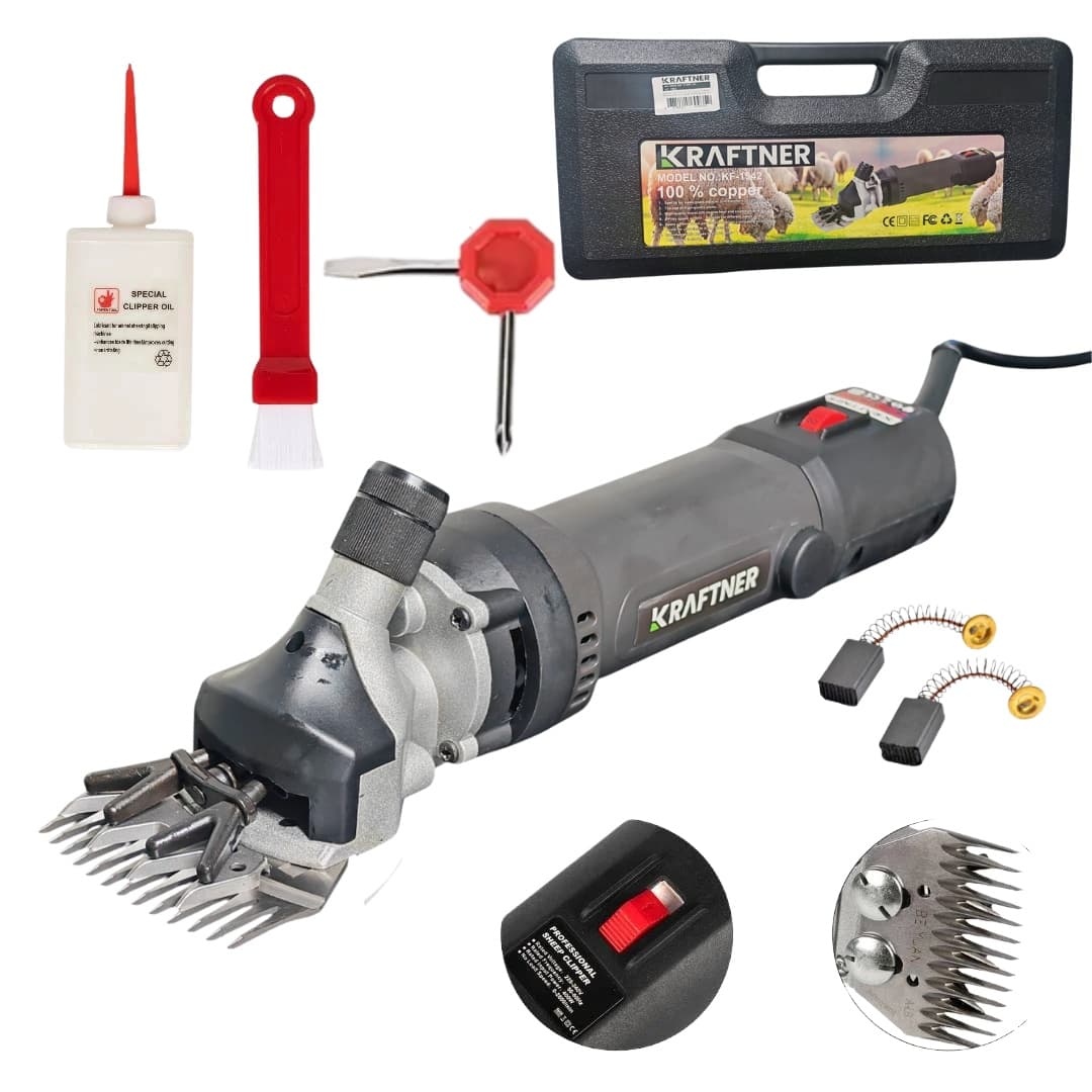 Masina de tuns oi 1500w, 2800rpm, 77mm latime, 6 trepte, turatie variabila, carbuni de rezerva KRAFTNER KF-1542 — reducere 37% de la 366 lei la 229 lei