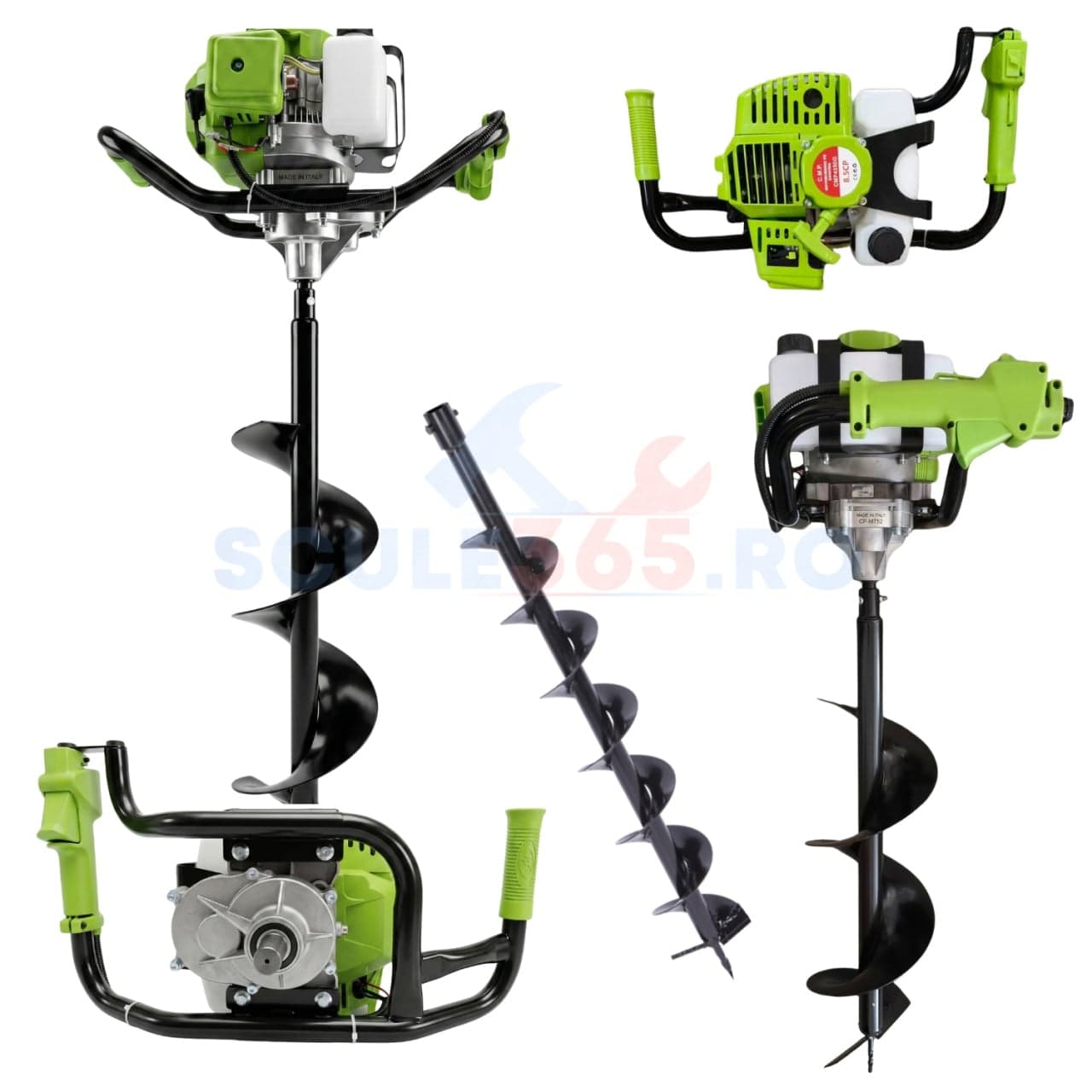 8.5CP + burghiu 150mm* Motoburghiu pe benzina Campion, 8.5CP, motor 2 timpi 58cc, 9200rpm, burghie 100-300mm, adancime 800mm, rezervor 1.2L, set forare pamant, model verde Italian Fresho CMP4350G GT-4 — reducere 12% de la 466 lei la 409 lei