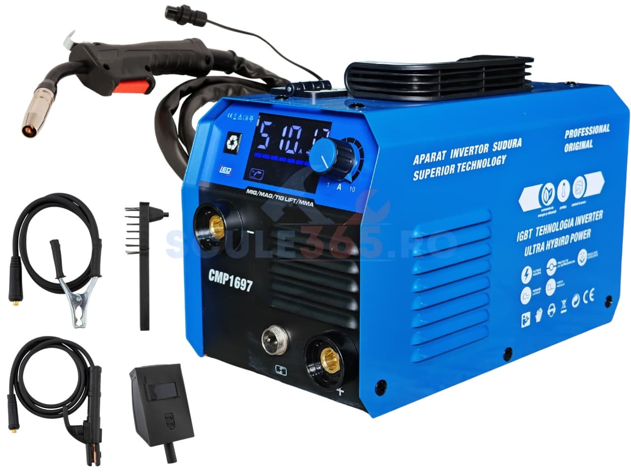 Aparat de sudura tip Invertor cu sarma 495A, MMA/MIG/MAG (TIG LIFT optional) afisaj digital, ventilat, URAL MASH IGBT TEHNOLOGY ULTRA HYBRID POWER, CMP1697 — reducere 60% de la 667,03 lei la 270 lei