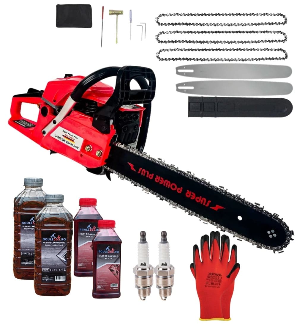 *PACHET* 8.8cp 58cmc Drujba benzina + 3 lanturi + 2 lame + x2 ulei ungere lant 1L + x2 ulei amestec 0.5L + x2 bujii + accesorii + manusi protectie CRAFT-TEC GERMANY, Super Power Plus *RED edition — reducere 42% de la 599 lei la 349 lei