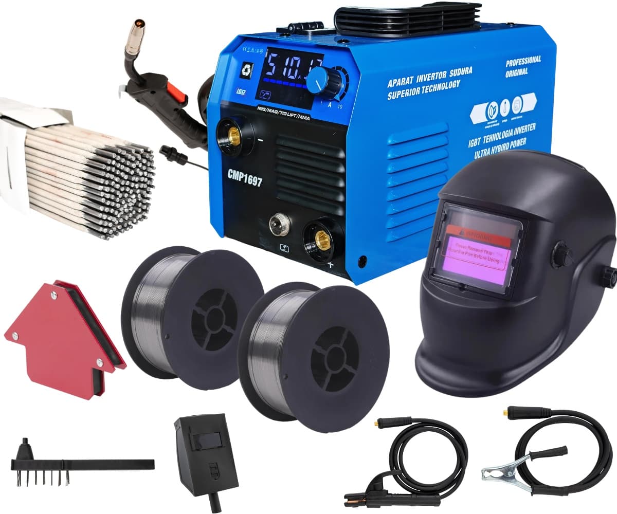 *PACHET* Aparat de sudura tip Invertor cu sarma 495A, + 2.5KG ELECTROZI, x2 sarma sudura 1kg, magnet sudura, masca sudura automata / MMA/MIG/MAG afisaj digital, ventilat, URAL MASH IGBT TEHNOLOGY ULTR — reducere 40% de la 667,03 lei la 399 lei
