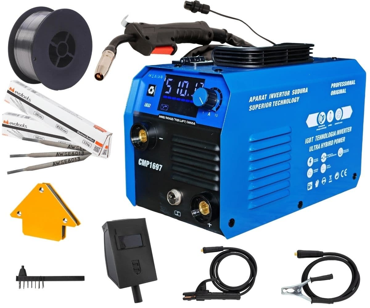 *SUPER PACHET* Aparat de sudura tip Invertor cu sarma 495A, + x2 pachet electrozi 1kg, x1 sarma sudura 1kg, magnet sudura, MMA/MIG/MAG afisaj digital, ventilat, URAL MASH IGBT TEHNOLOGY ULTRA HYBRID P — reducere 48% de la 667,03 lei la 349 lei