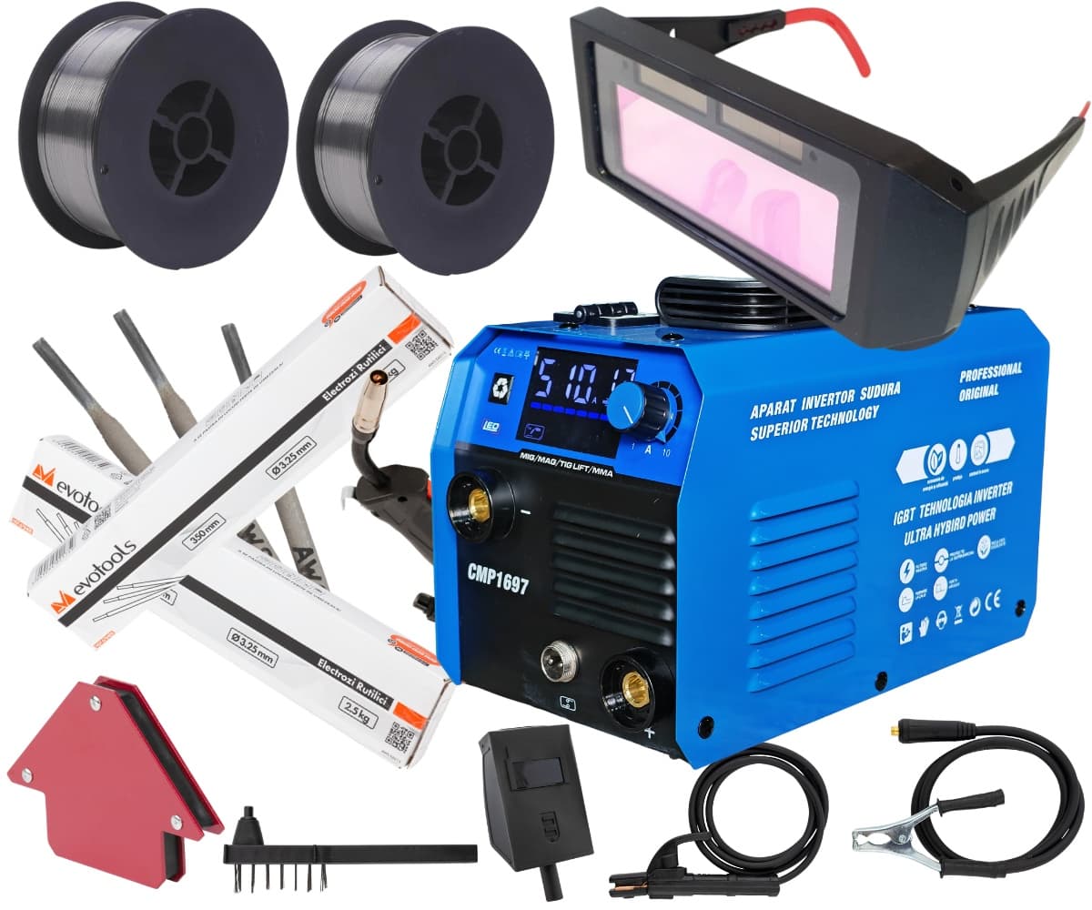 *MEGA PACHET* Aparat de sudura tip Invertor cu sarma 495A, + *x2 sarma 1.0mm, x2 electrozi 2.5mm, Ochelari automati, magnet* MMA/MIG/MAG/TIG *CABLU SUDURA 3M*, afisaj digital, ventilat, URAL MASH IGBT — reducere 40% de la 667,03 lei la 399 lei