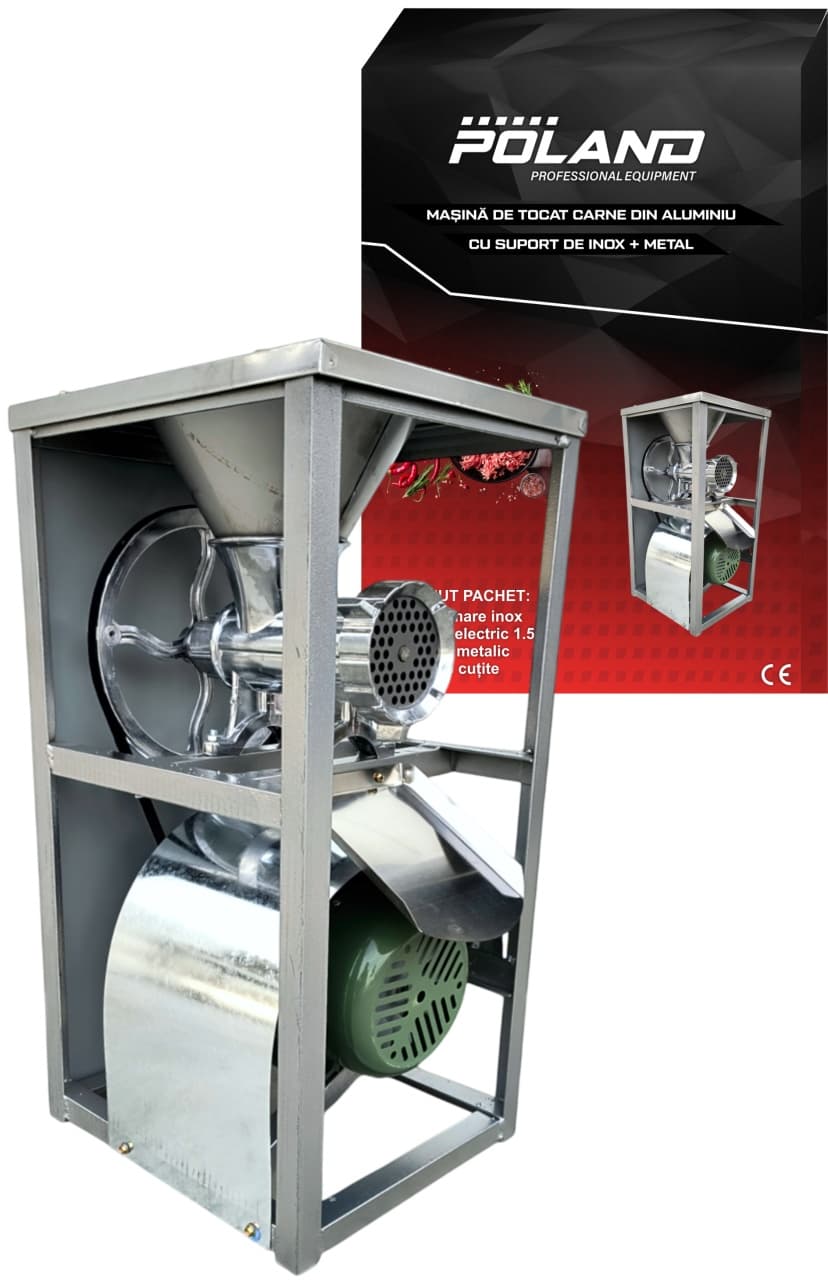 Masina Tocat Carne ALUMINIU 1500w, 1400rpm, 5 kg/min, 22kg din Aluminiu cu Suport Inox POLAND — reducere 26% de la 699 lei la 520 lei