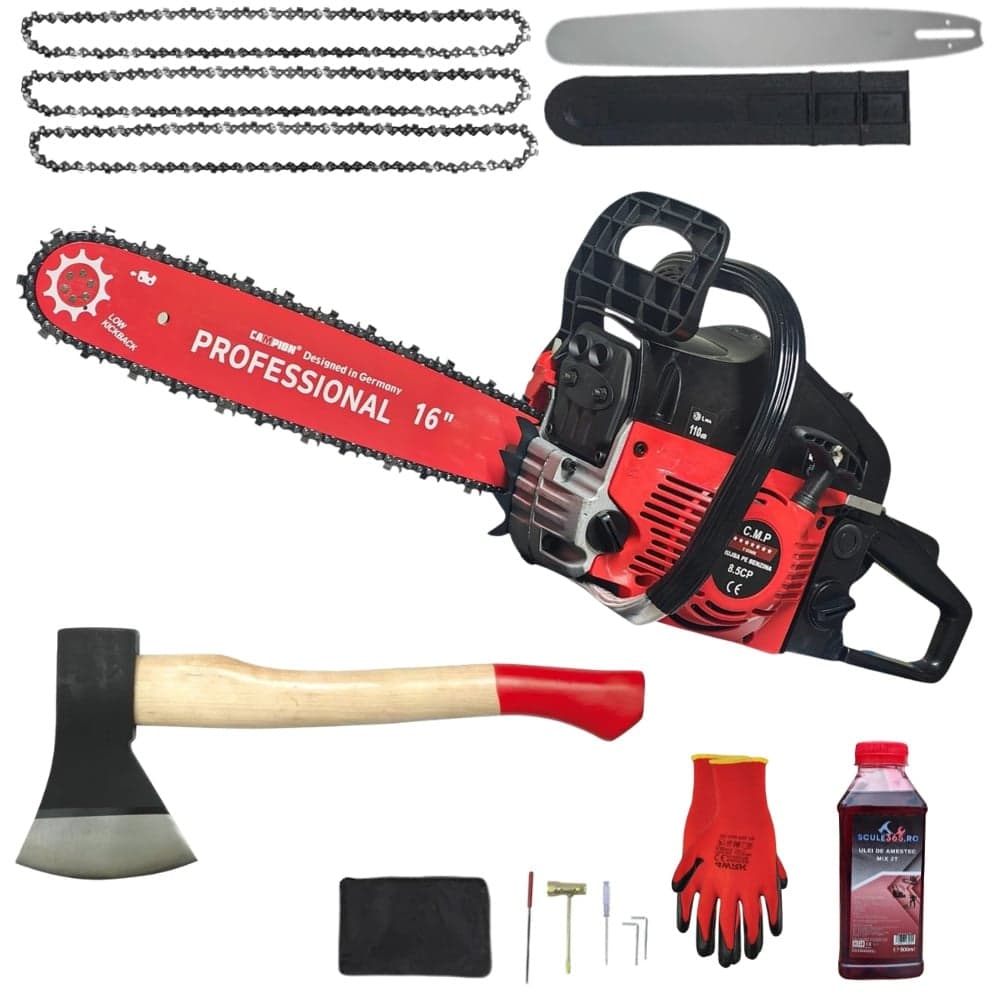 8.5CP *PACHET* Drujba benzina + 3 lanturi + 1 lama + TOPOR 600G, x1 ulei ameste 0.5l + accesorii + manusi protectie, MOTOYAMA JAPAN — reducere 29% de la 424 lei la 299 lei