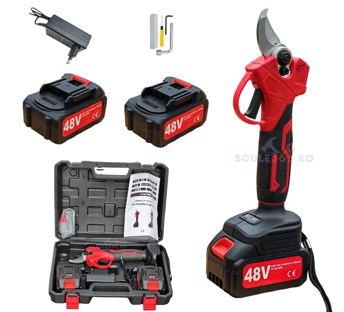 Foarfeca gradina electrica cu 2 acumulatori 48V x 8AH, pentru gradina, diametru taiere 27mm, Valiza, profesional Motoyama Japan CMP1728 — reducere 51% de la 385 lei la 189 lei