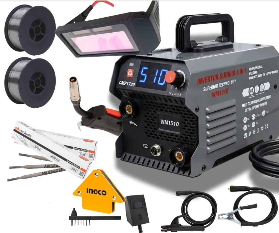 *MEGA PACHET* Aparat de sudura tip Invertor cu sarma 510A, + *x2 sarma 1.0mm, x2 electrozi 2.5mm, Ochelari automati, magnet* MMA/MIG/MAG/TIG *CABLU SUDURA 2M*, afisaj digital, ventilat, URAL MASH IGBT — reducere 40% de la 665 lei la 399 lei