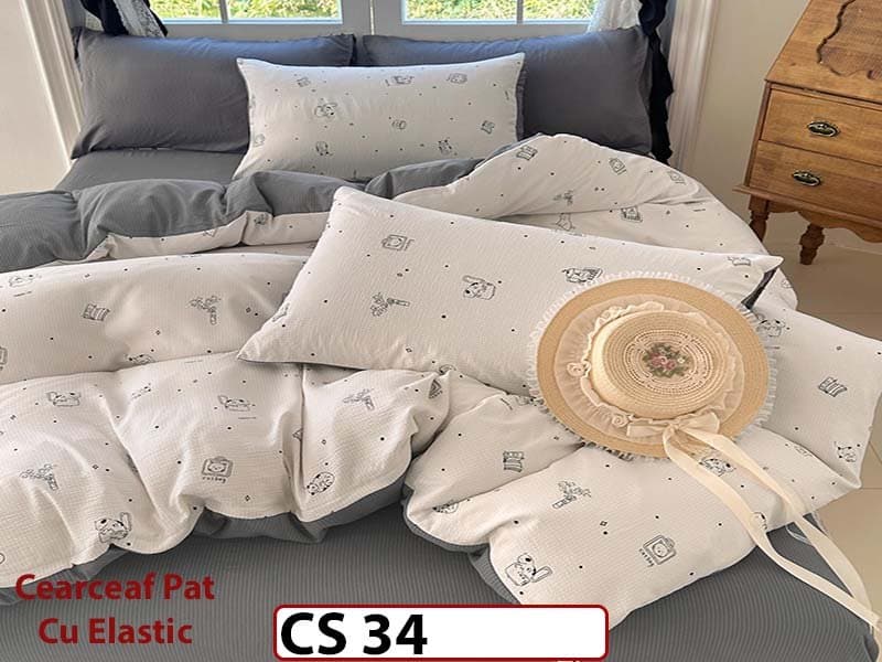 Lenjerie de pat dublă 4 piese, cu imprimeu modern, material fin și răcoros CS 34 — reducere 42% de la 289 lei la 169 lei