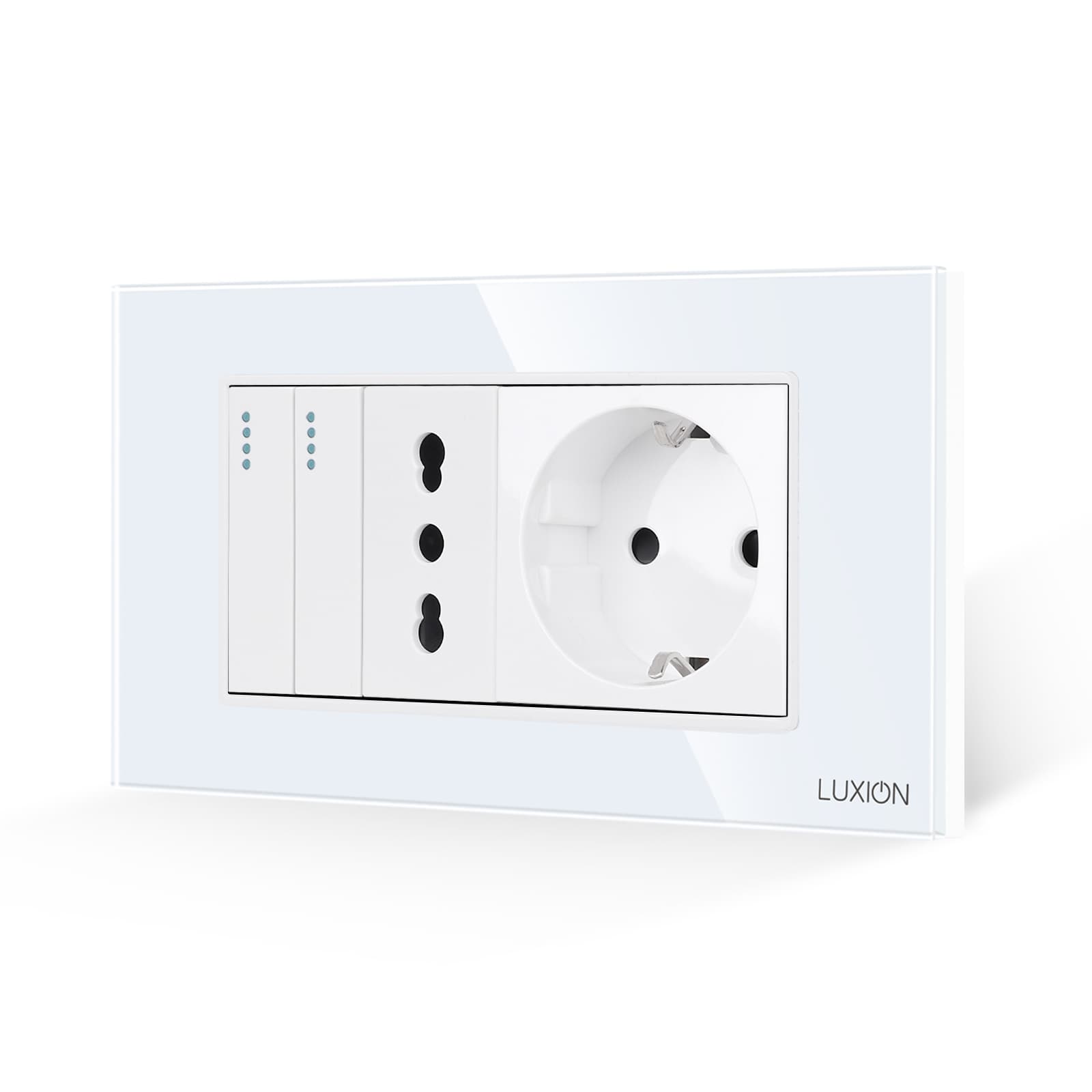 Intrerupator Dublu + Priza Ingusta + Priza Schuko cu Rama din Sticla LUXION, Standard Italian, 4M — reducere 23% de la 82 lei la 63,03 lei