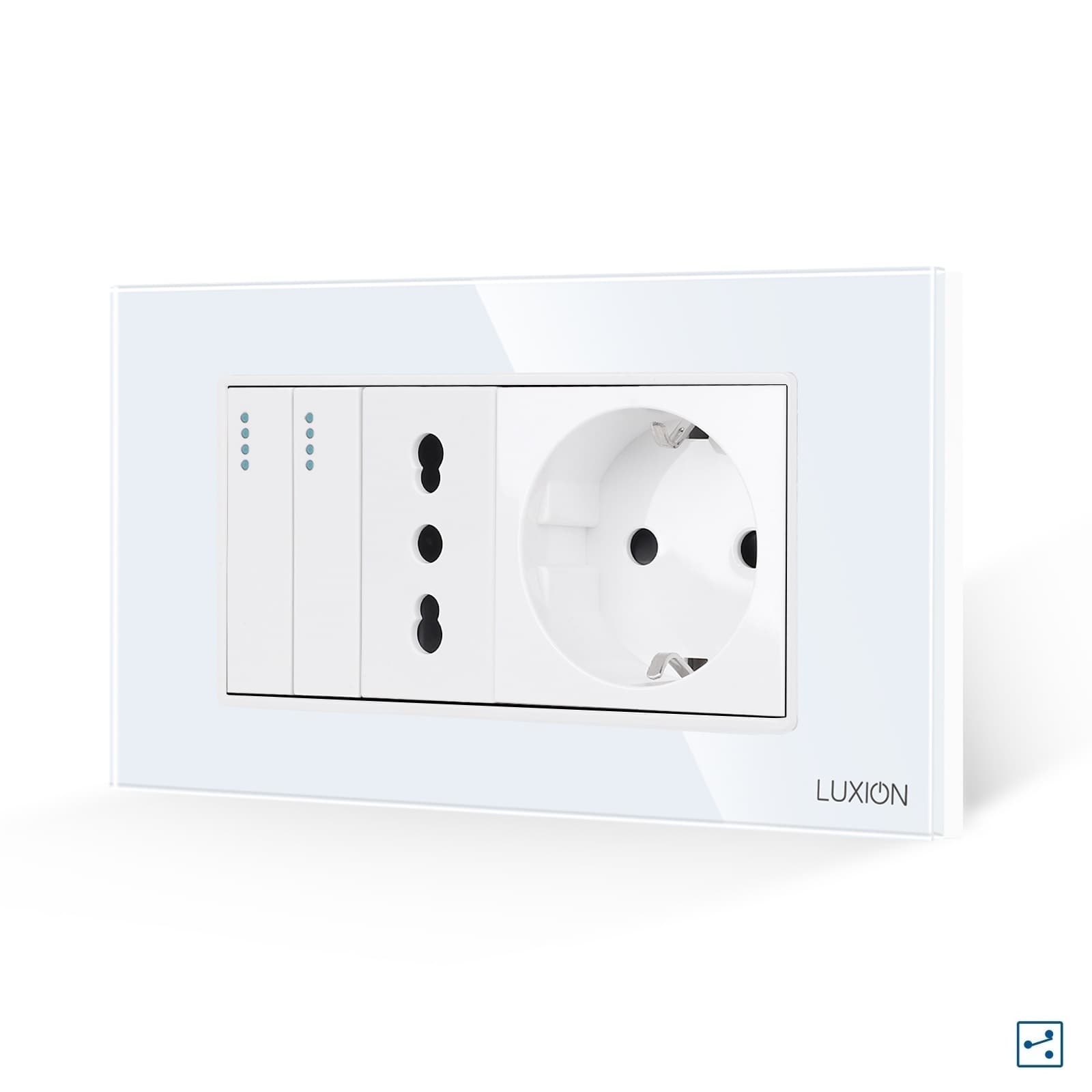 Intrerupator Dublu Cap Scara + Priza Ingusta + Priza Schuko cu Rama din Sticla LUXION, Standard Italian, 4M — reducere 24% de la 85 lei la 64,71 lei