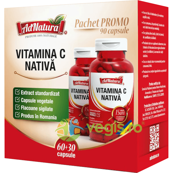 Pachet Vitamina C Nativa 60cps + 30cps — reducere 40% de la 68,28 lei la 40,97 lei