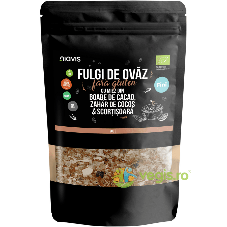 Fulgi de Ovaz Fini fara Gluten cu Miez din Boabe de Cacao, Zahar de Cocos si Scortisoara Ecologici/Bio 200g — reducere 30% de la 23,9 lei la 16,73 lei