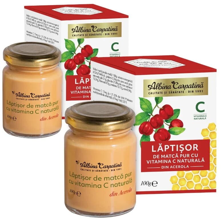 Pachet Laptisor de Matca Pur cu Vitamina C Naturala din Acerola 100g+100g — reducere 30% de la 251 lei la 175,7 lei
