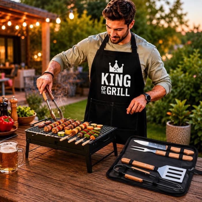 Set Cadou pentru Barbati King of the Grill cu Gratar Portabil, Sort si Accesorii BBQ — reducere 39% de la 300 lei la 183,47 lei
