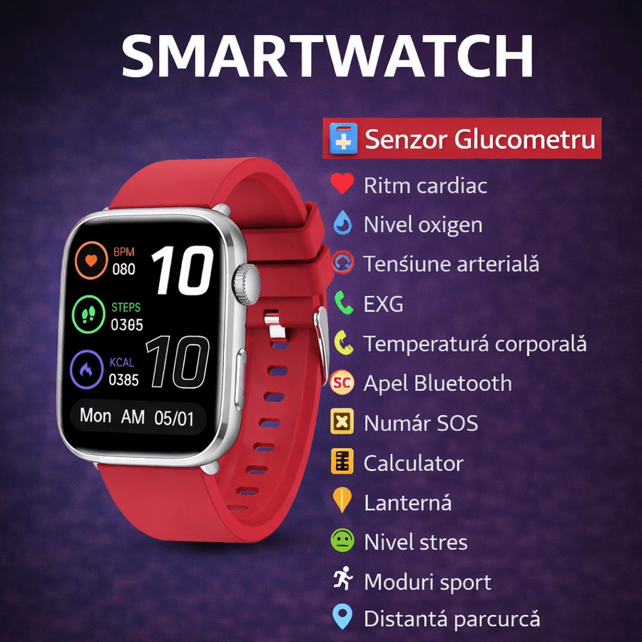 SmartWatch cu Senzor Glucometru, Apel Bluetooth, Ritm Cardiac, Nivel Oxigen, Tensiune Arteriala, Temperatura Corporala, Nivel Stres, Vreme, Calorii, Moduri Sport S865 — reducere 38% de la 400 lei la 247,11 lei