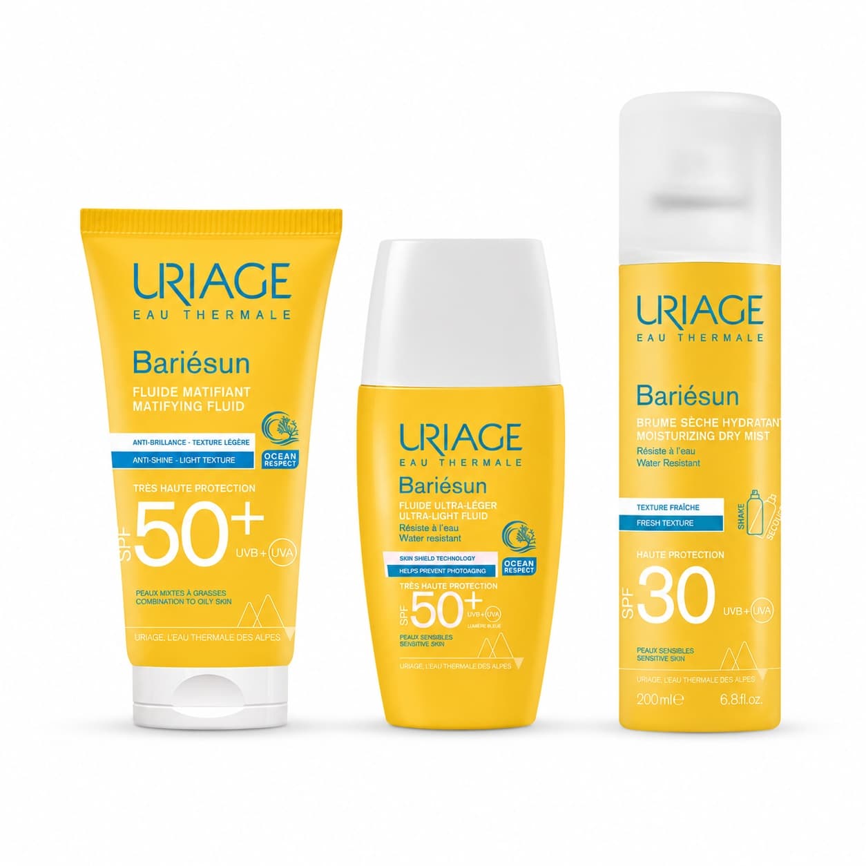 Set Uriage Bariesun – Fluid matifiant SPF 50+, 50 ml + Fluid ultra-lejer SPF 50+, 30 ml + Spray uscat hidratant SPF 30, 200 ml — reducere 58% de la 315 lei la 132,23 lei