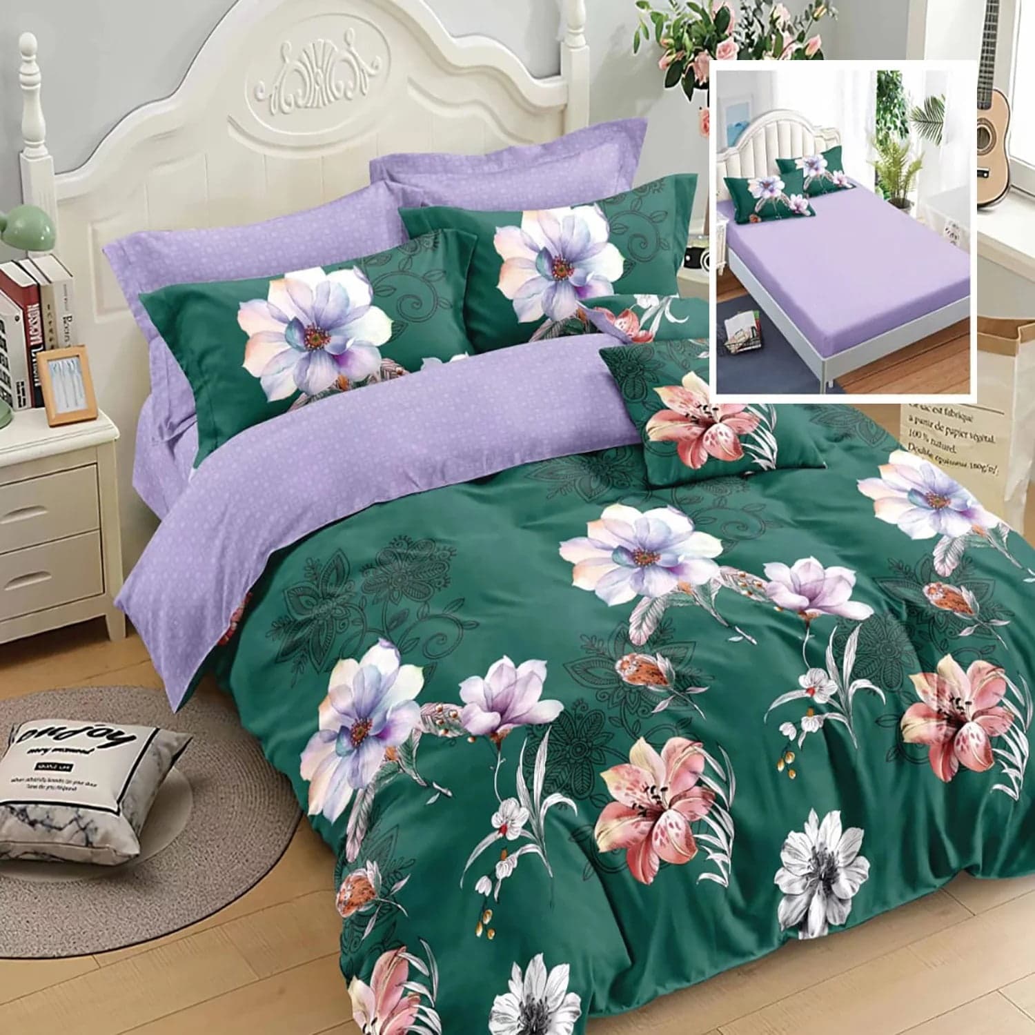 Lenjerie de pat finet 6 piese, cearceaf pat cu elastic, cearceaf pilota 200x230, 2 fete perna 50x70, 2 fete perna 70x70, Extra, Green-Purple — reducere 12% de la 144,99 lei la 127,45 lei